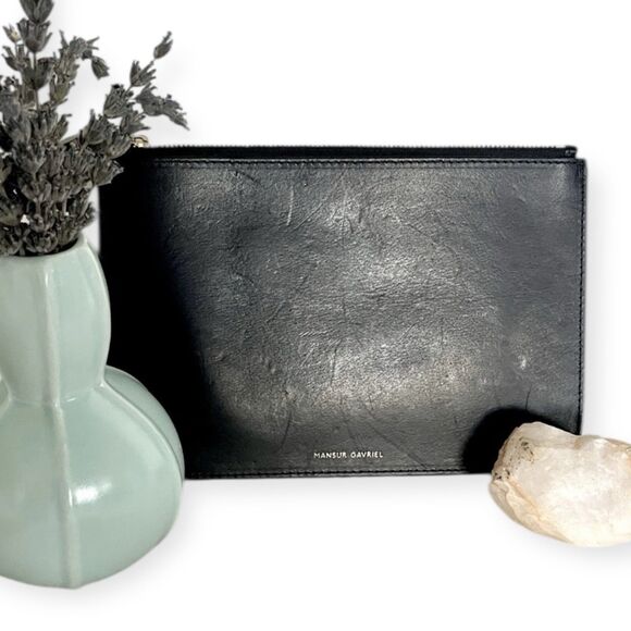 Mansur Gavriel Black Leather Zip Pouch Clutch Gold Interior Wrist Strap - Picture 6 of 7